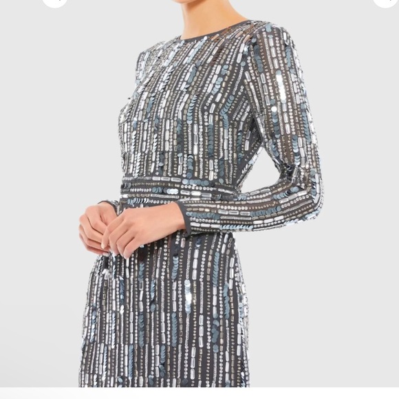 NWT Mac Duggal Embellished High Neck Long Sleeve Fitted Midi Charcoal Dress 8 - Picture 3 of 8